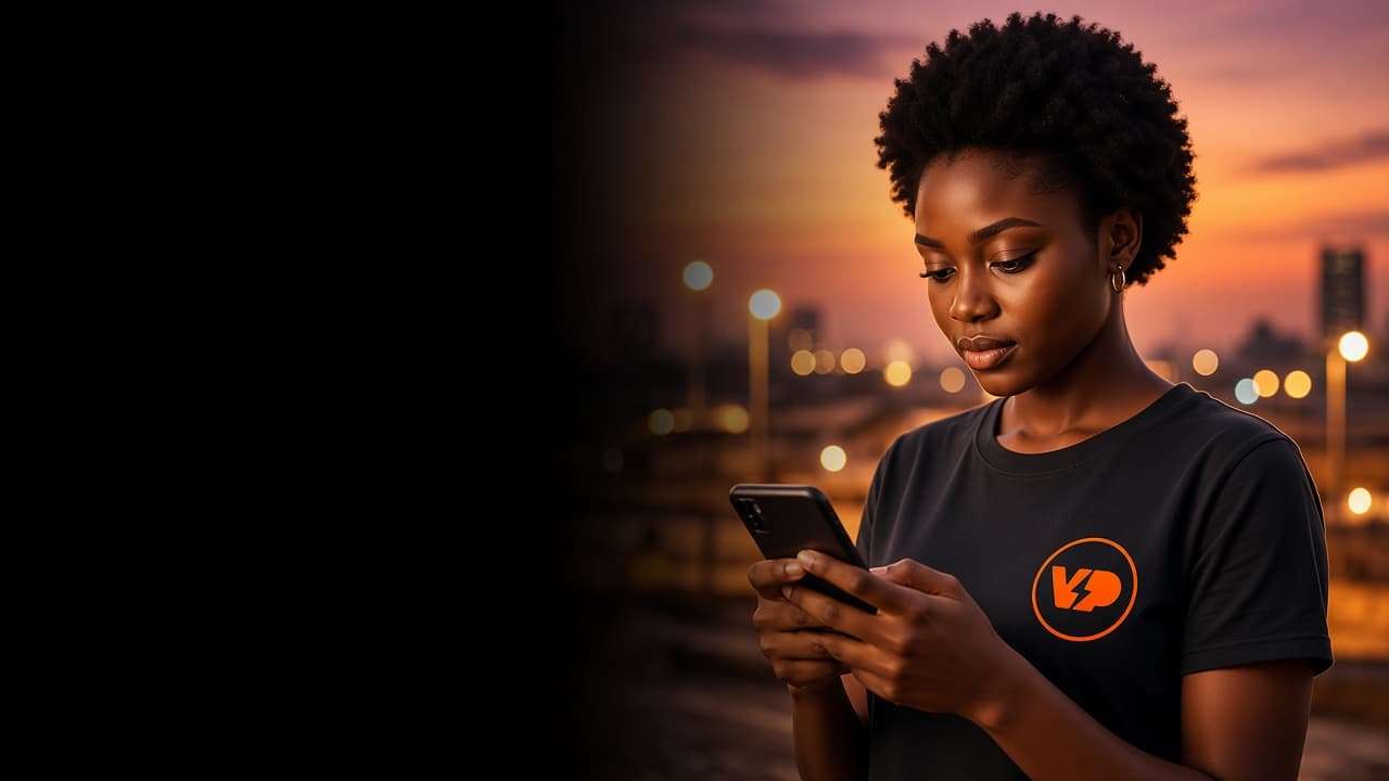 Woman in a VendPower shirt buying electricity on her phone