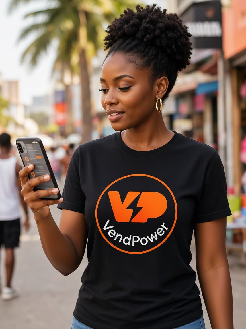 Woman in a VendPower shirt checking her phone while walking